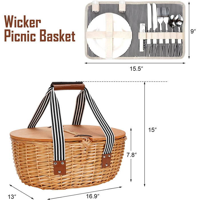 Crestone Wicker Cooler Picnic Basket Set For 2 With Double Wooden Lids & Handles, Grey With